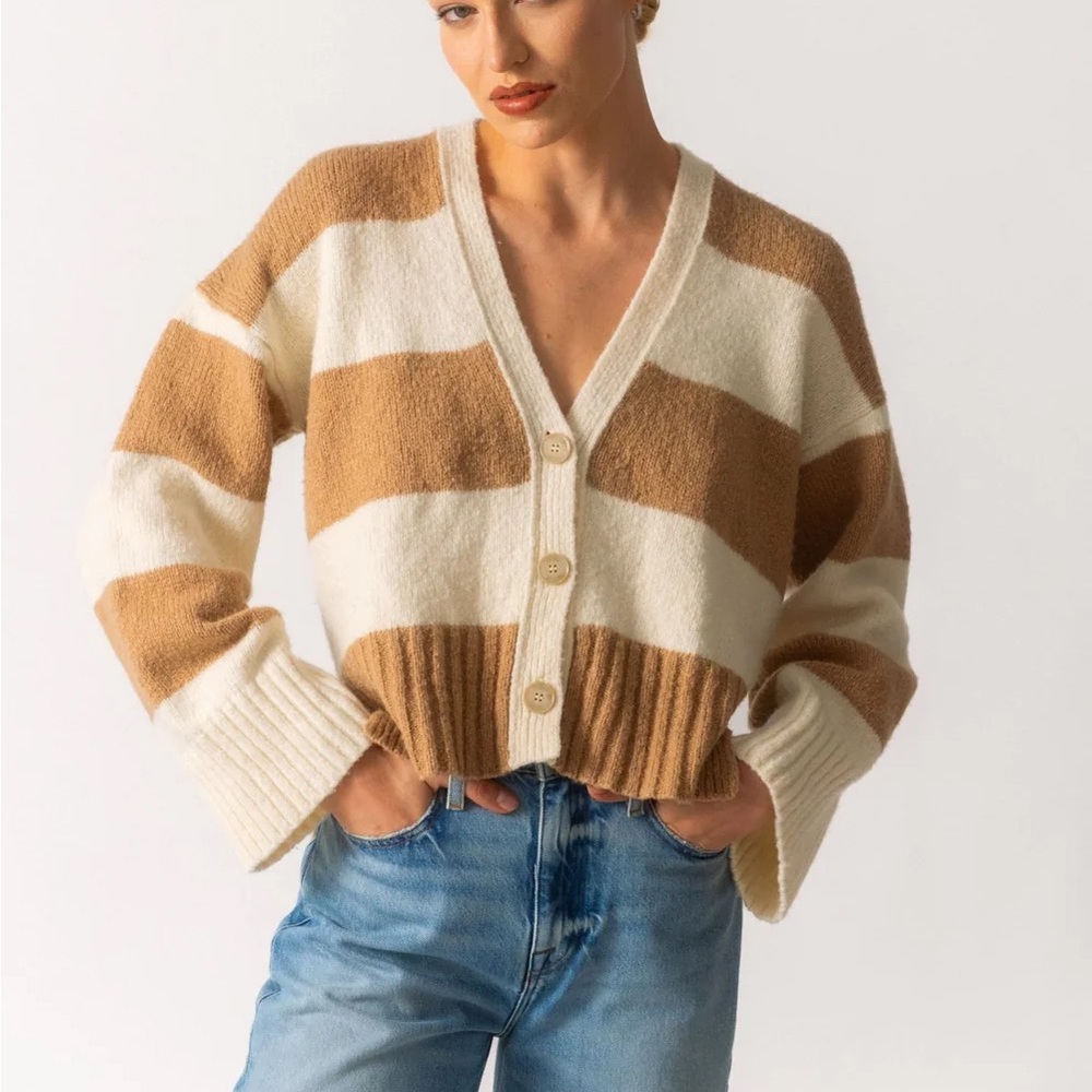 Frame Denim Cream and Tan Striped Cropped Cardigan